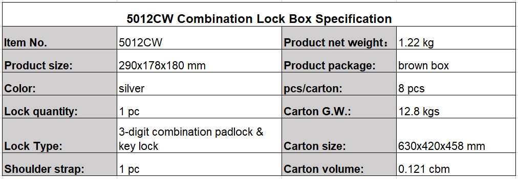 medium combination lock box specification