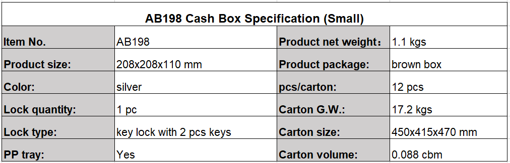 cash box AB198 specification