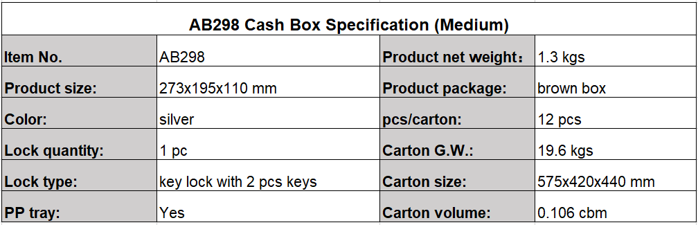 cash box AB298 specification