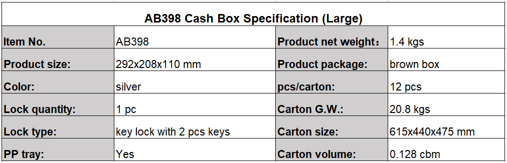 cash box AB398 specification
