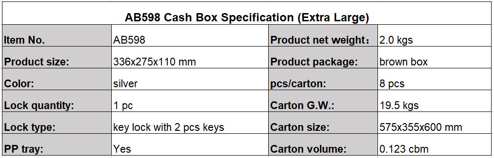cash box AB598 specification